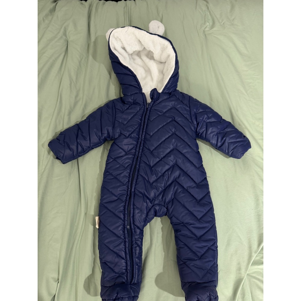 Toddler Navy Blue Quilted Puffer Snowsuit Fleece Lined Bear Ears 6-9 Months